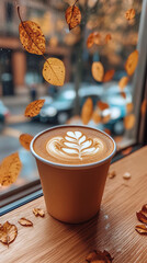 Wall Mural - Flavored Coffee with Artistic Foam in Cozy Autumn Cafe  