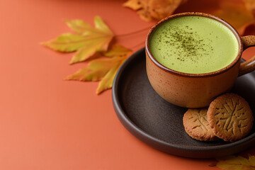 Poster - Matcha Latte with Autumn-Themed Cookie in Warm Setting  