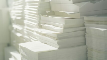 Stacks of neatly piled white paper create an organized and serene atmosphere, bathed in soft, natural light for a luminous effect.