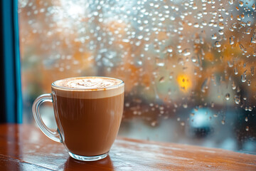 Sticker - Caramel Macchiato with a Rainy Autumn Window View  