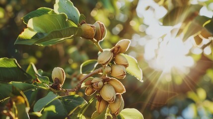 Wall Mural - A close-up view of pistachios still on the branch, bathed in warm sunlight, showcasing their natural freshness and growth.