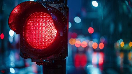 Wall Mural - A vivid red traffic light gleams brightly in the rain-soaked city night, creating a striking contrast against the blurred, colorful bokeh of urban life.