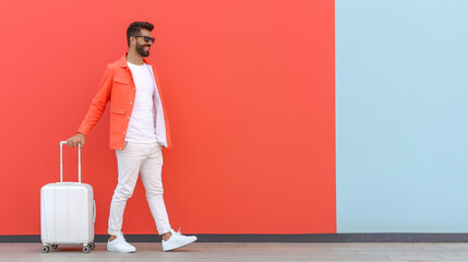 Smiling man walking with suitcase against gray wall 