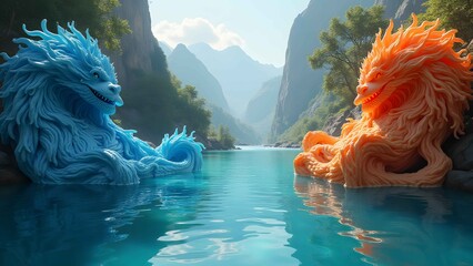 Colorful dragon statues in river.