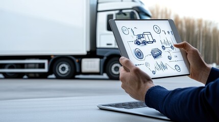 A truck driver stands by a vehicle, interacting with a tablet that displays transportation logistics and maps