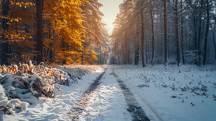 Golden hour sunlight illuminating a snow covered path leading through a winter forest with a dusting of snow