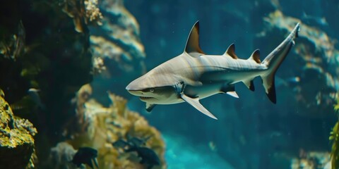 Poster - A shark gracefully glides through an underwater aquarium showcasing its sleek body and elegant fins in a tranquil setting