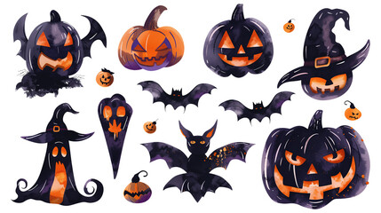 Wall Mural - Set of isolated Halloween decoration elements in cute doodle hand-drawn watercolor illustration style on transparent background, Volume 15: Vibrant black and orange color tone.