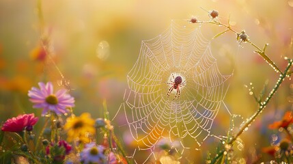 Spider on a Web with Sunlit Meadow