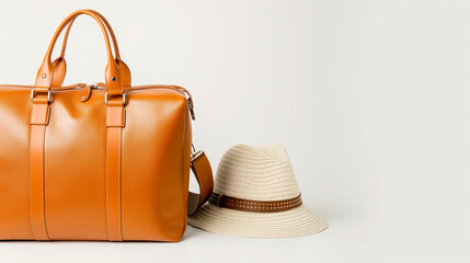 Vacation concept, large classic brown leather travel bag with hat 