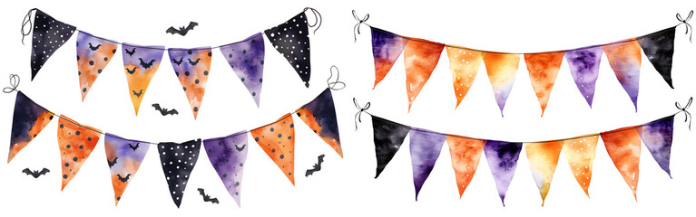 Wall Mural - Set of isolated Halloween party flag decoration elements in cute doodle hand-drawn watercolor illustration style on transparent background, Volume 1: Black, orange and purple color tone.