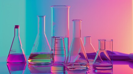 Close-up of laboratory beakers and flasks in vibrant pink and blue light, creating a scientific and futuristic ambiance.