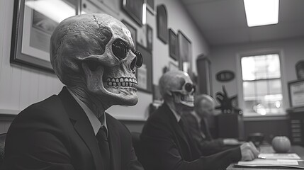 Wall Mural - Skeletons sitting in an office waiting room - business suits - vintage vibe 