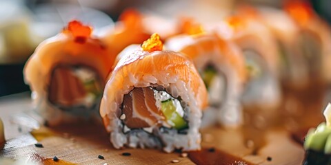 Canvas Print - Close Up of Salmon Sushi Roll with Vegetables Tempura and Cream Cheese