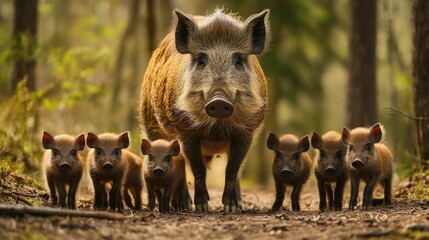 Wall Mural - Wild Boar Sow and Her Piglets Walking Through the Forest