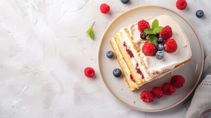 Wall Mural - Plate with delicious sponge cake, copy space 