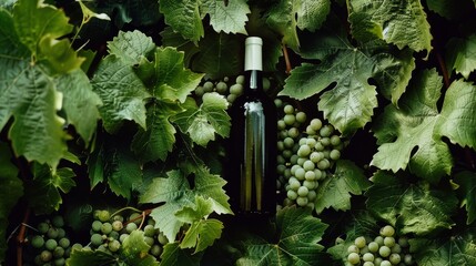 Wall Mural - A verdant vineyard with a wine bottle set against the backdrop of leafy grapevines and clusters of black and green grapes, symbolizing richness and tradition.