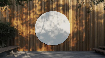 A large white circle hanging on a wooden wall in an outdoor cafe, showcasing minimalist style with high resolution and photographic realism. The scene depicts modern architecture with a simple backgro