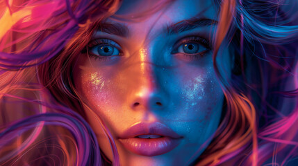 Close-up of the face of a beautiful woman with purple-pink wavy hair and bright makeup. Beauty and fashion concept.