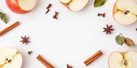 Poster - White Background with Apple and Cinnamon Sticks