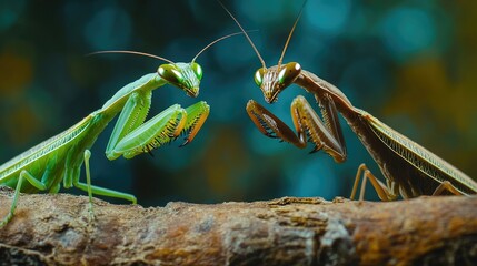 Two Praying Mantises Facing Each Other on a Branch