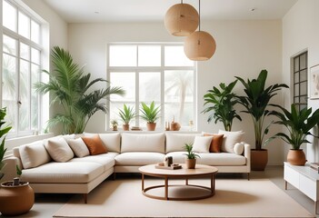 A modern and minimalist living room with a large beige sectional sofa, a wooden coffee table, and decorative elements like pillows and a vase with dried flowers. The room has a neutral color palette a