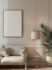 Wall Mural - A mockup of an empty frame or blank poster mounted on the wall. This frame is installed in the living room minimalistic design style.