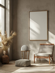 Wall Mural - A mockup of an empty frame or blank poster mounted on the wall. This frame is installed in the living room minimalistic design style.