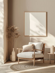 Wall Mural - A mockup of an empty frame or blank poster mounted on the wall. This frame is installed in the living room minimalistic design style.