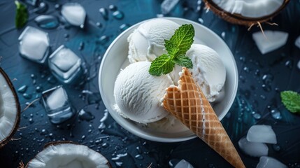 Top view of tasty coconut ice cream over blue background.