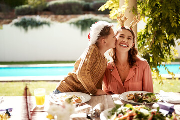 Sticker - Mom, girl and kiss for Christmas, bonding and lunch outdoor with food, sunshine and home in backyard. Mother, daughter and happy for holiday, celebration and brunch with support, family and embrace