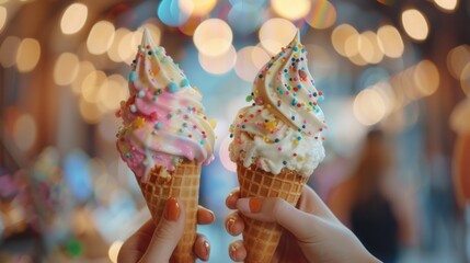 Hand holding a tasty ice cream in an amusement park