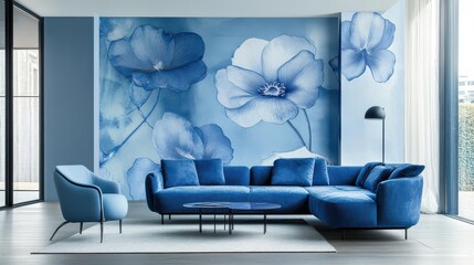 Elegant modern living room with blue floral wall art, stylish furniture, and natural light from large windows.