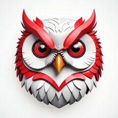 Sticker - red theme owl head cartoon 3d art logo design in plain white background