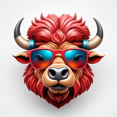 Poster - red theme bison head cartoon with sunglasses 3d art logo design in plain white background