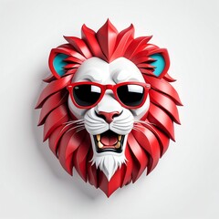 Sticker - red theme lion head cartoon with sunglasses 3d art logo design in plain white background