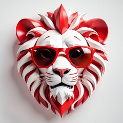 Wall Mural - red theme lion head cartoon with sunglasses 3d art logo design in plain white background