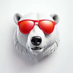 Sticker - red theme polar bear head cartoon with sunglasses 3d art logo design in plain white background