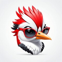 Poster - red theme woodpecker head cartoon with sunglasses 3d art logo design in plain white background