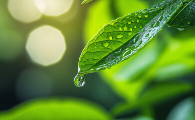 Poster - A close-up of a fresh green leaf with dewdrops hanging on its surface, set against a lush, blurred natural background.