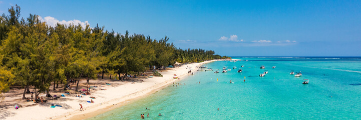 Poster - Tropical scenery, beautiful beaches of Mauritius island, Le Morne, popular luxury resort. Le Morne beach luxury resorts, Mauritius. Luxury beach in Mauritius, sandy beach with palms and blue ocean.