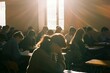 © Victor Bertrand - Students deeply concentrated on their studies in a sunlit room, capturing a moment of intense academic focus and quiet reflection.