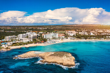 Poster - Aerial view of beautiful Nissi beach in Ayia Napa, Cyprus. Nissi beach in Ayia Napa famous tourist beach in Cyprus. A view of a azzure water and Nissi beach in Aiya Napa, Cyprus.