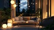 © Mark - Cozy balcony with lantern, candles, garland and soft sofas. Bohemian style furniture.