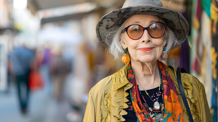 Wall Mural - Stylish senior citizen in eclectic vintage clothing at outdoor art exhibition 