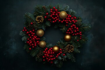 Wall Mural - Stock image of a dark moody floral textured background with dried branches, red berries, pine, and balls.