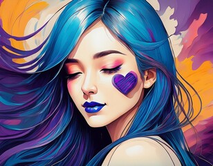 A woman with long, dark blue hair and closed eyes is depicted in an abstract painting style. Her face is made up of bright colors and bold lines, and she has a purple heart shape on her cheek