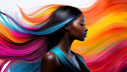 A woman with long, black hair is depicted in a stylized, abstract style. The colors are vibrant and bold, creating a dynamic and energetic piece