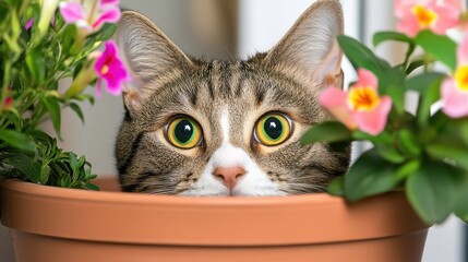 Wall Mural - Curious cat peeking from behind a flower pot, playful and sneaky, curious cat, flower pot