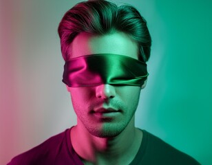 Wall Mural - A close-up abstract portrait of a blindfolded person with a green and pink background